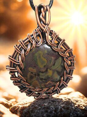 Handcrafted Ocean Jasper Gemstone Pendant Copper Wire Wrap